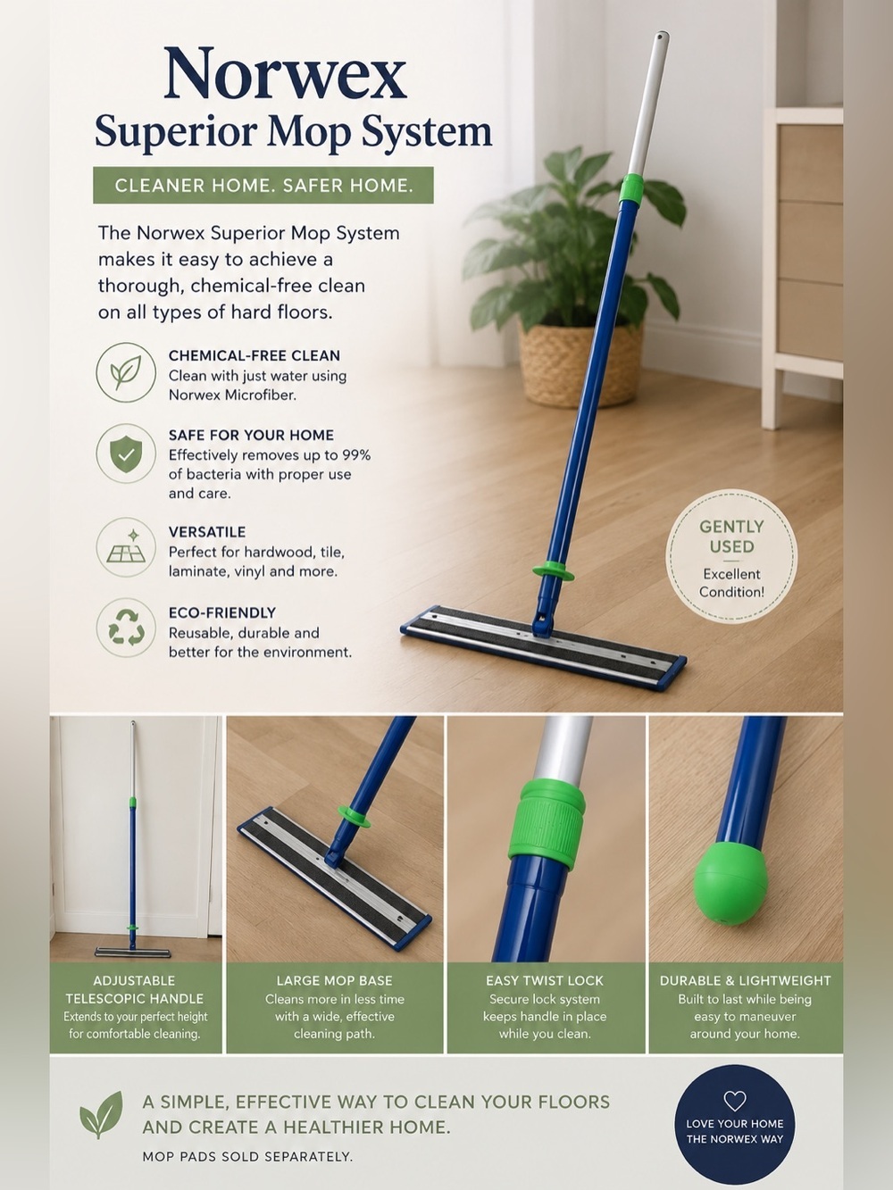 Norwex Superior Mop System Telescopic Handle Floor Cleaning Mop